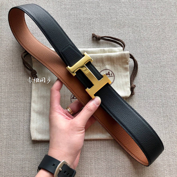 FIBBIA PER CINTURA HM E CINTURINO REVERSIBILE IN PELLE MARRONE E BRONZO DA 38 MM CON FERRAMENTA ORO