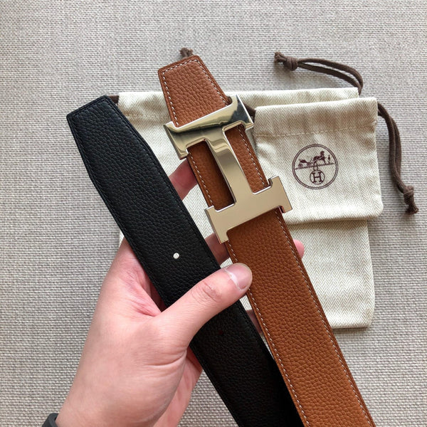 FIBBIA PER CINTURA HM E CINTURINO REVERSIBILE IN PELLE MARRONE E BRONZO DA 38 MM CON FERRAMENTA ORO