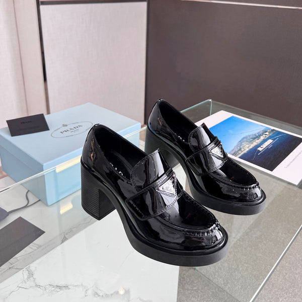 Prada 26S 8cm Block Heel Loafers Black Brushed Leather 147121