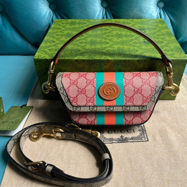 BORSA A MANO GG MINI 13 IN TELA ROSA CHIARO E BEIGE