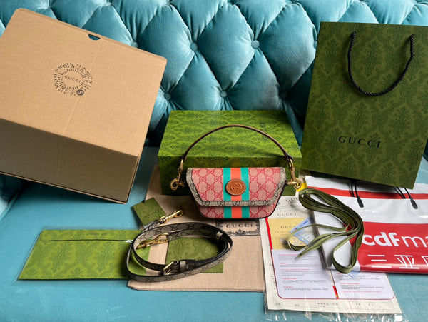 BORSA A MANO GG MINI 13 IN TELA ROSA CHIARO E BEIGE