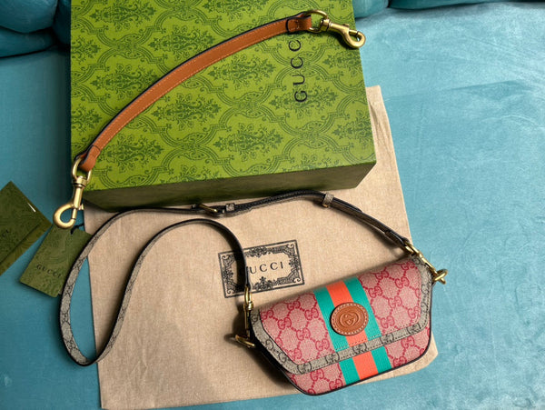 BORSA A MANO GG MINI 13 IN TELA ROSA CHIARO E BEIGE