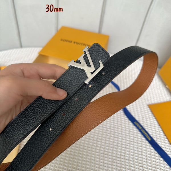 LV Initiales 30mm Reversible Belt Silver Buckle Tan Black Leather