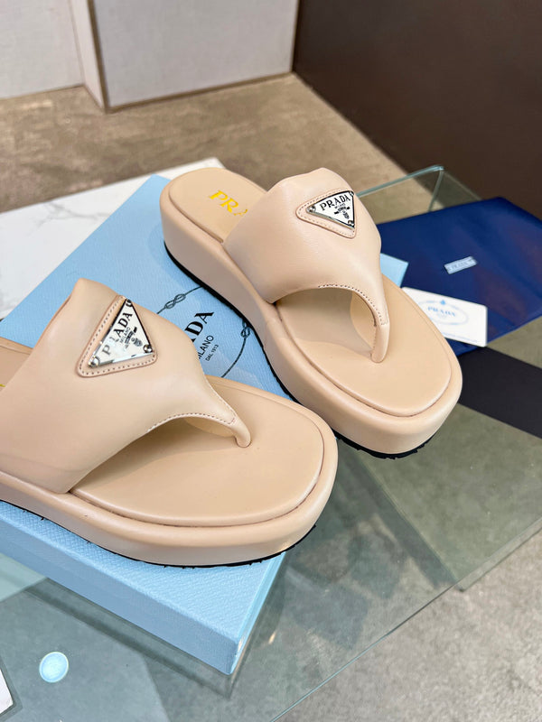 Prad 26s Platform Thong Sandals Beige Leather 140399