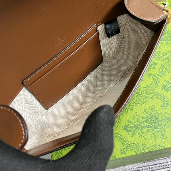 BORSA A MANO GG MINI 13 IN TELA BEIGE E PELLE DI VITELLO MARRONE
