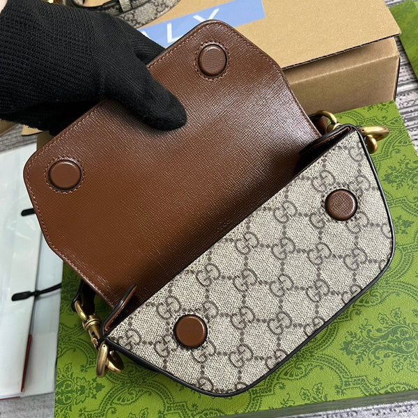 BORSA A MANO GG MINI 13 IN TELA BEIGE E PELLE DI VITELLO MARRONE