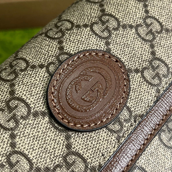 BORSA A MANO GG MINI 13 IN TELA BEIGE E PELLE DI VITELLO MARRONE