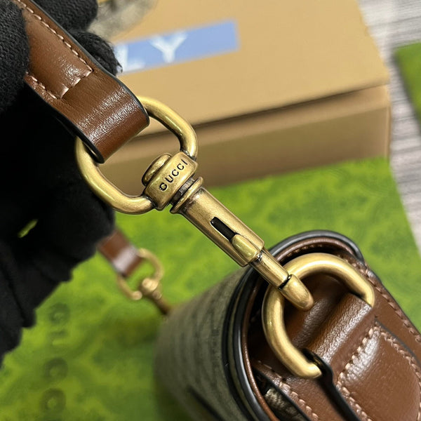 BORSA A MANO GG MINI 13 IN TELA BEIGE E PELLE DI VITELLO MARRONE