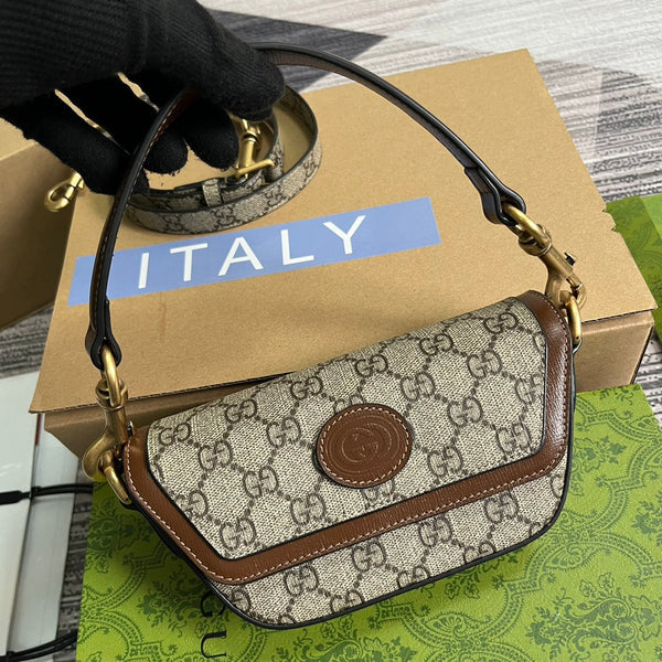 BORSA A MANO GG MINI 13 IN TELA BEIGE E PELLE DI VITELLO MARRONE