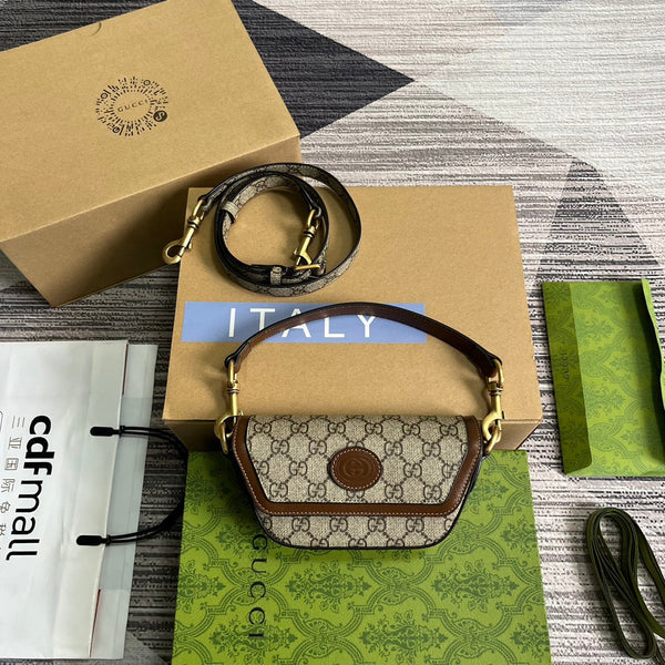 BORSA A MANO GG MINI 13 IN TELA BEIGE E PELLE DI VITELLO MARRONE