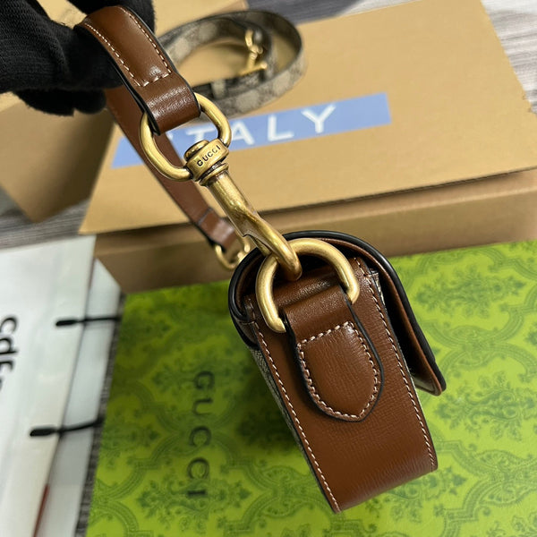BORSA A MANO GG MINI 13 IN TELA BEIGE E PELLE DI VITELLO MARRONE