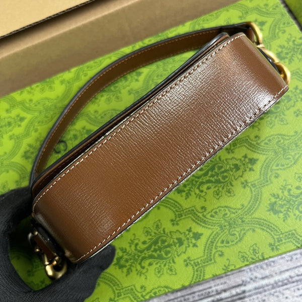 BORSA A MANO GG MINI 13 IN TELA BEIGE E PELLE DI VITELLO MARRONE