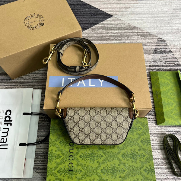 BORSA A MANO GG MINI 13 IN TELA BEIGE E PELLE DI VITELLO MARRONE
