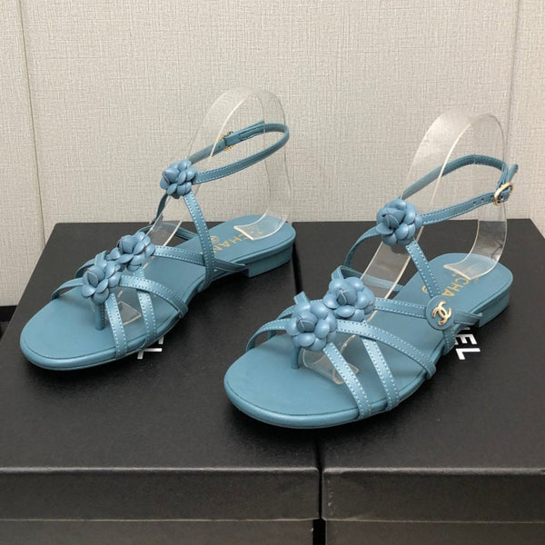 SANDALO BASSO FLOREALE IN PELLE DI AGNELLO BLU ZAFFIRO