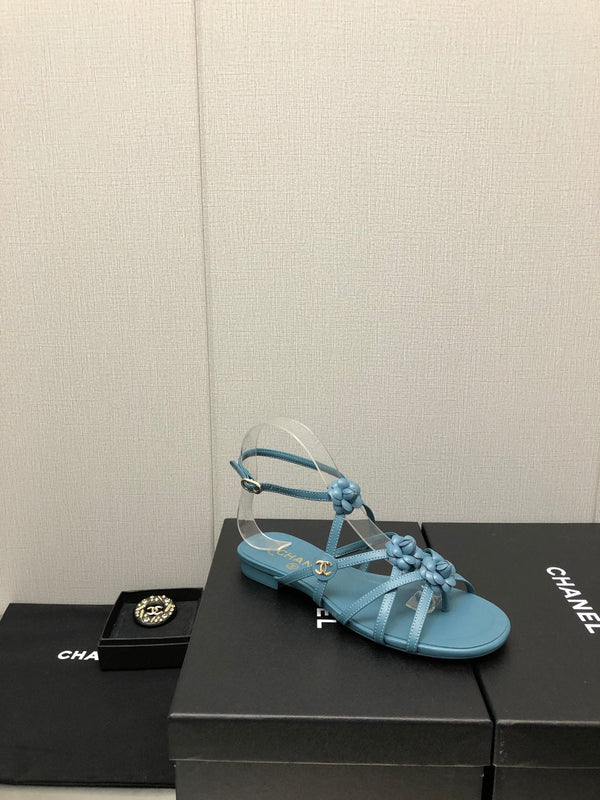 SANDALO BASSO FLOREALE IN PELLE DI AGNELLO BLU ZAFFIRO