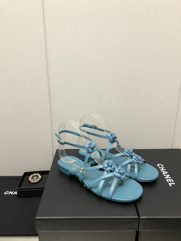 SANDALO BASSO FLOREALE IN PELLE DI AGNELLO BLU ZAFFIRO
