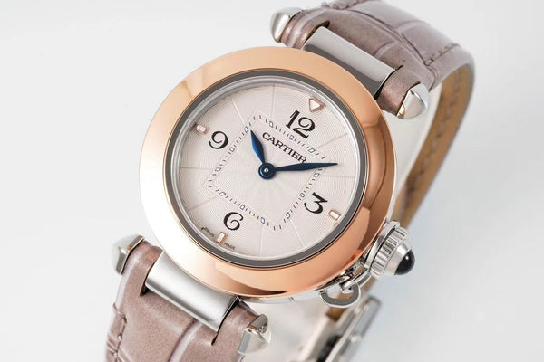 pasha 30mm quarzo oro rosa quadrante bianco pelle marrone chiaro 