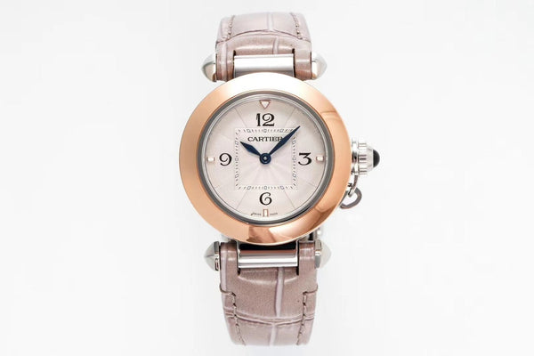 pasha 30mm quarzo oro rosa quadrante bianco pelle marrone chiaro 