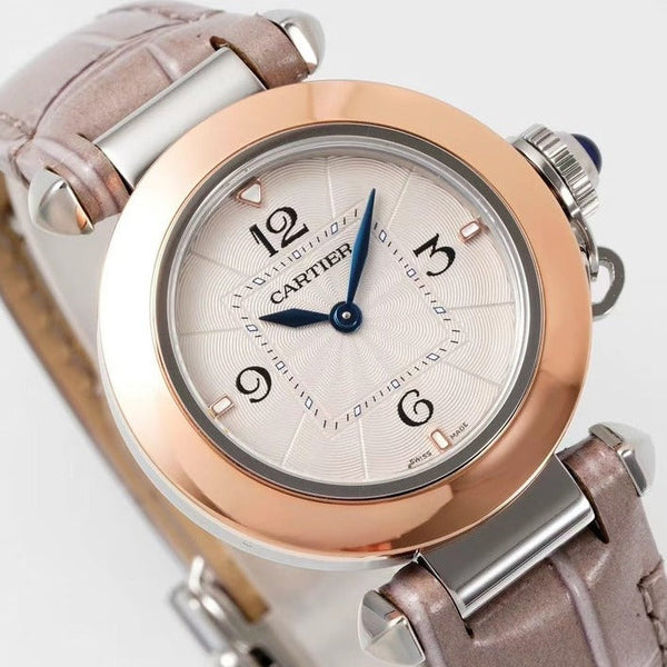 pasha 30mm quarzo oro rosa quadrante bianco pelle marrone chiaro 