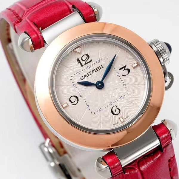pasha 30mm quartz pink gold white dial red leather