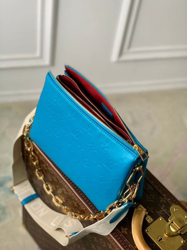 coussin pm 26 cm pelle di vitello stampata con monogramma blu 