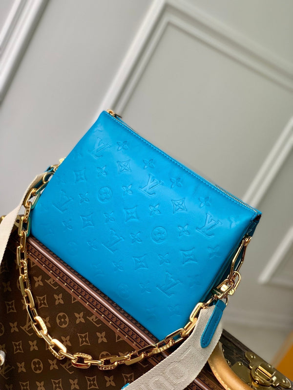 coussin pm 26 cm pelle di vitello stampata con monogramma blu 
