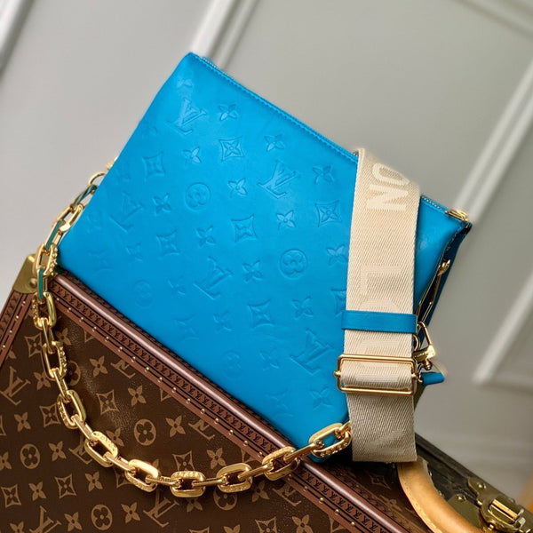 coussin pm 26 cm pelle di vitello stampata con monogramma blu 