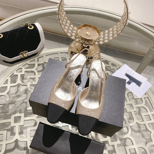 slingback 6.5 glitter beige black grosgrain