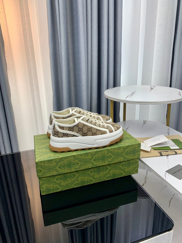 SNEAKER GG FLATFORM IN TELA MARRONE CHIARO
