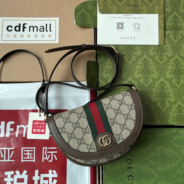 BORSA A TRACOLLA MINI OPHIDIA 20 CON WEB IN TELA BEIGE EBANO MIX PELLE DI VITELLO MARRONE