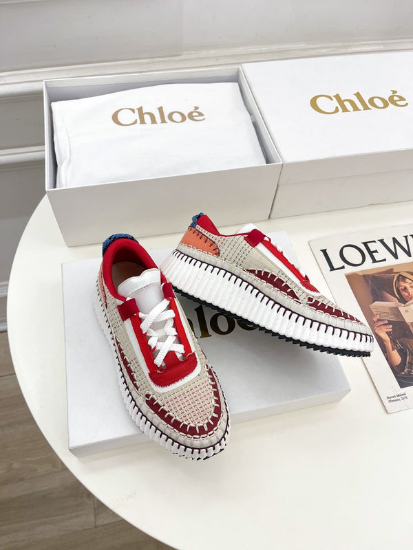 CHLOÉ NAMA SNEAKER IN CHERRY RED MIX COLORFUL SPECIAL FABRIC