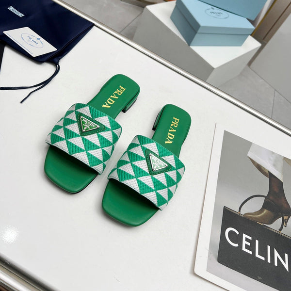 Prad 26s Enameled Metal Triangle Printed Slides Green Leather Cotton 986592