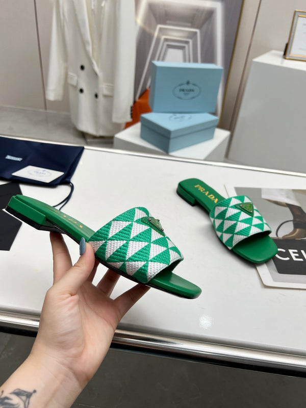 Prad 26s Enameled Metal Triangle Printed Slides Green Leather Cotton 986592
