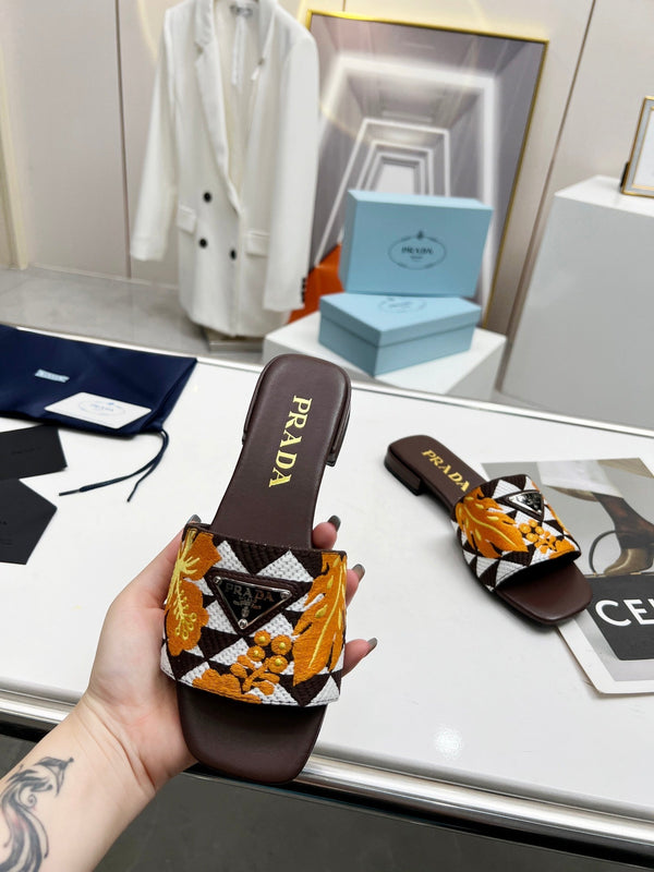 Prad 26s Floral Print Slides Brown Leather Cotton 986596