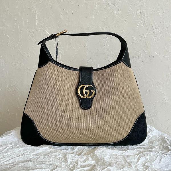 BORSA GRANDE APHRODITE 47 IN TELA BEIGE E PELLE DI VITELLO NERA