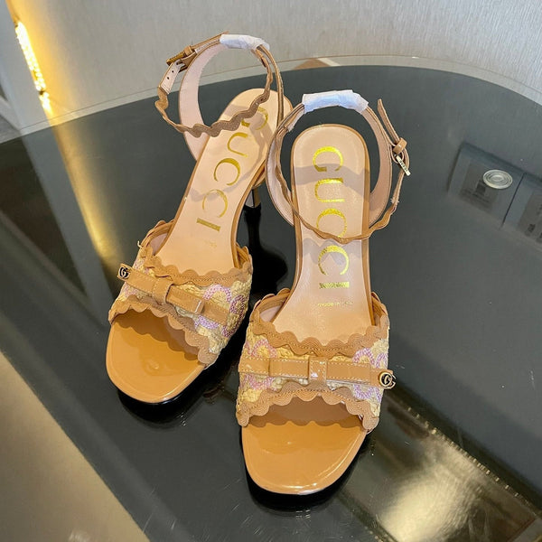 GG Kertu Heel Sandals 8cm Beige Raffia Leather 695682