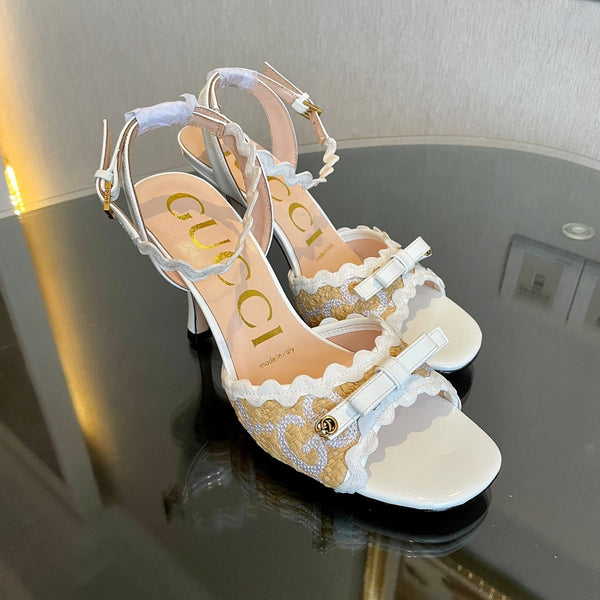GG Kertu Heel Sandals 8cm Beige White Raffia Leather 695684