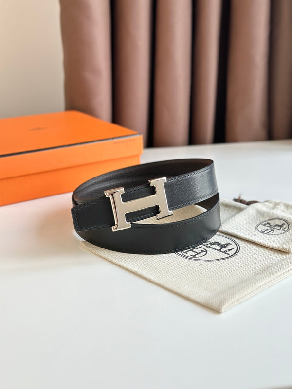 Cintura HM Silver H Buckle &amp; Reversible 32mm in pelle nera Ebony 124644