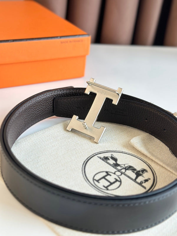 Cintura HM Silver H Buckle &amp; Reversible 32mm in pelle nera Ebony 124644