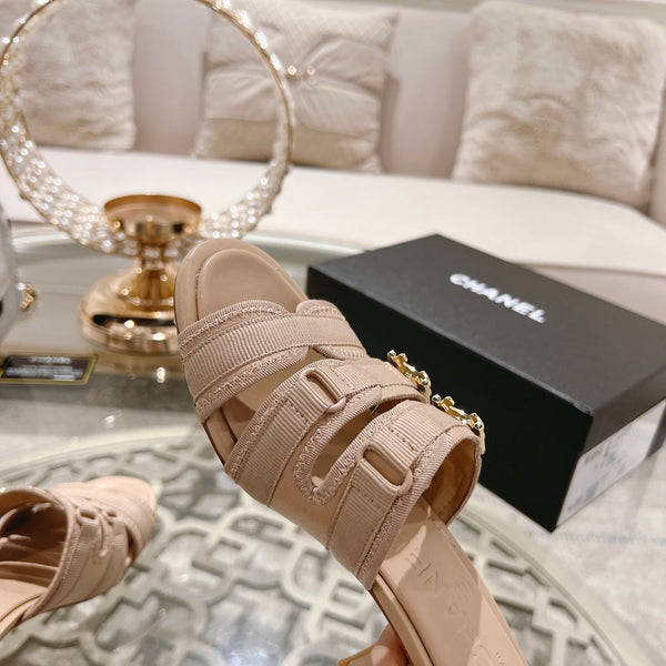 cc mule sandal tripe strap 40 beige canvas calfskin