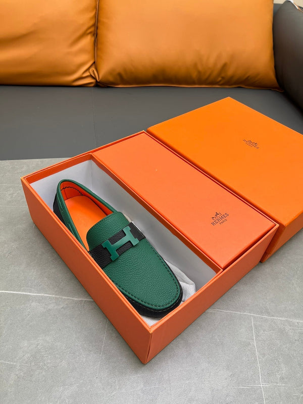 MOCASSINO HM H-LOGO IN PELLE DI VITELLO VERDE PINO E NERA