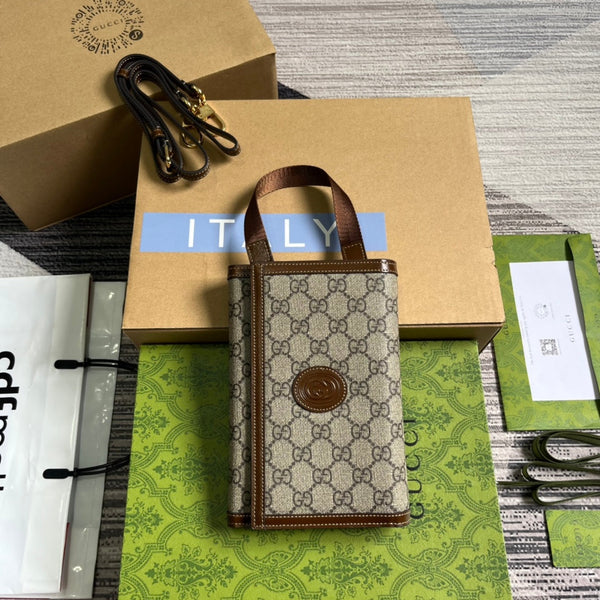 POCHETTE CON CHIUSURA GG 20 IN TELA BEIGE E PELLE DI VITELLO MARRONE