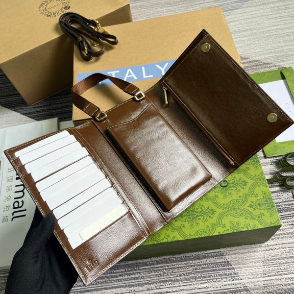 POCHETTE CON CHIUSURA GG 20 IN TELA BEIGE E PELLE DI VITELLO MARRONE