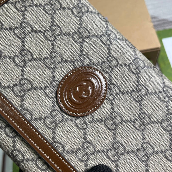 POCHETTE CON CHIUSURA GG 20 IN TELA BEIGE E PELLE DI VITELLO MARRONE