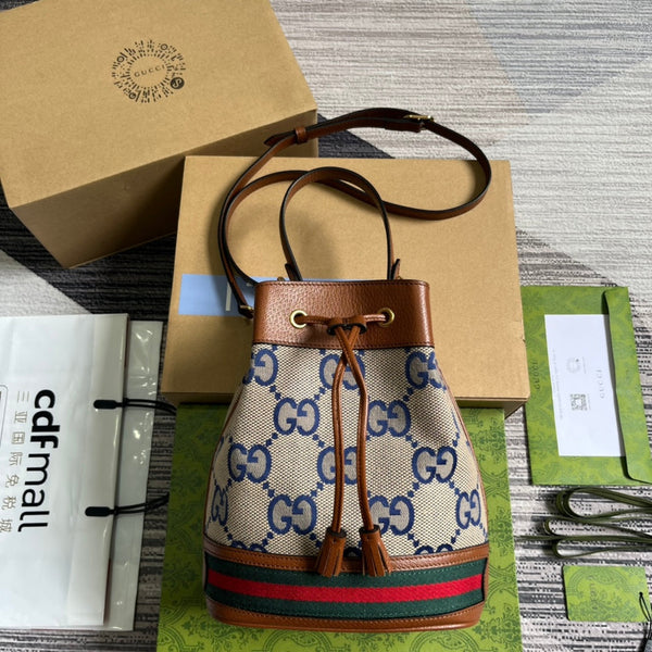 BORSA A SECCHIELLO GG OPHIDIA SMALL 26 IN TELA BEIGE E PELLE DI VITELLO MARRONE
