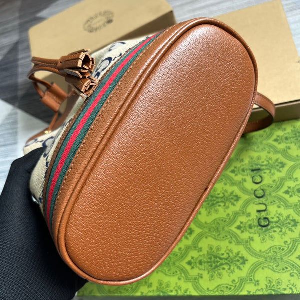 BORSA A SECCHIELLO GG OPHIDIA SMALL 26 IN TELA BEIGE E PELLE DI VITELLO MARRONE