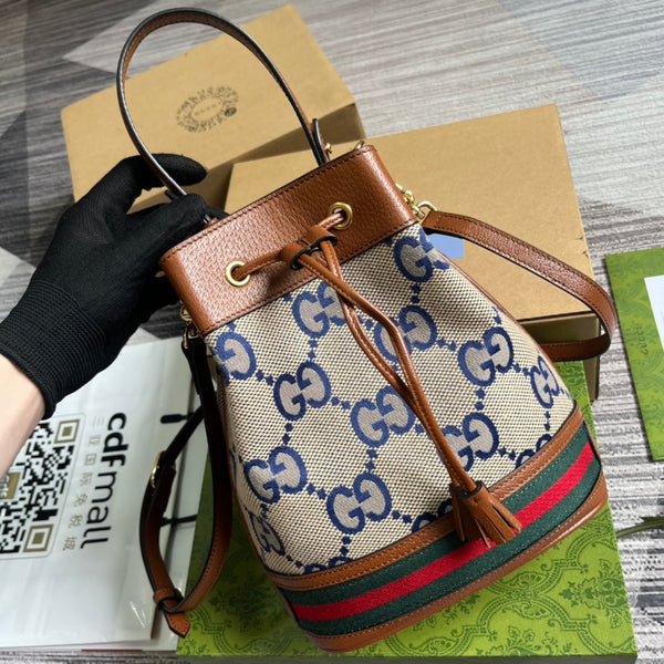 BORSA A SECCHIELLO GG OPHIDIA SMALL 26 IN TELA BEIGE E PELLE DI VITELLO MARRONE