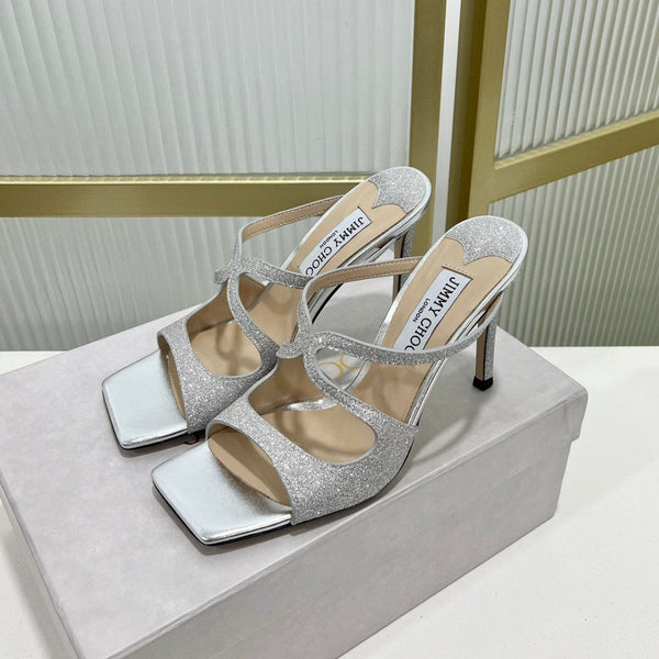 Jimmy Anise 85 in pelle di vacchetta argentata con glitter mules 587698