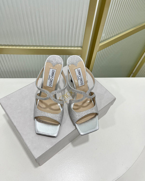 Jimmy Anise 85 in pelle di vacchetta argentata con glitter mules 587698