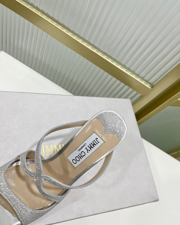Jimmy Anise 85 in pelle di vacchetta argentata con glitter mules 587698